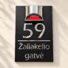 exec-77398c69-d02c-4505-b0de-e722b2d384ca Personalised black house number plaque with light, shown with 59 Žaliakelio gatvė