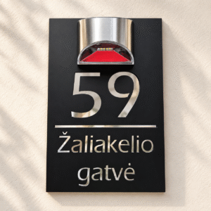 Personalised black house number plaque with light, shown with 59 Žaliakelio gatvė