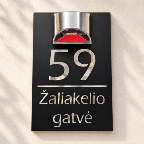 Personalised black house number plaque with light, shown with 59 Žaliakelio gatvė