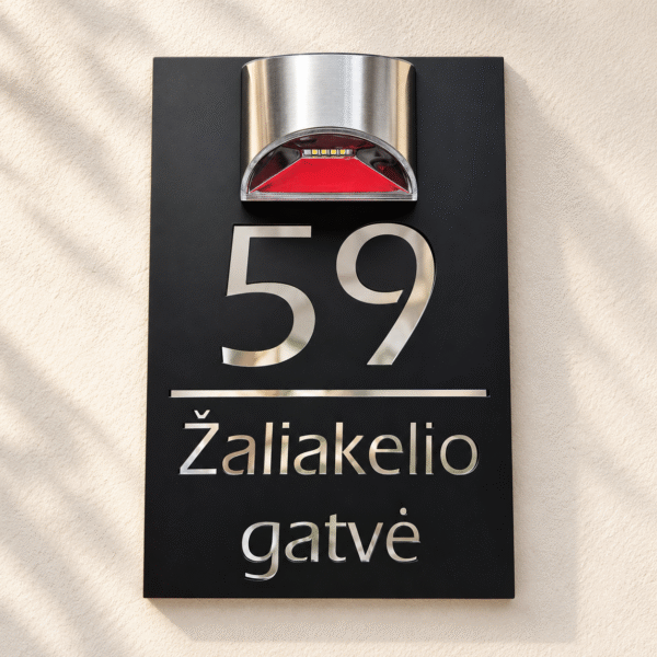 exec-77398c69-d02c-4505-b0de-e722b2d384ca Personalised black house number plaque with light, shown with 59 Žaliakelio gatvė
