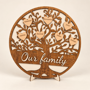 Personalised wooden family tree with engraved heart names and Our family lettering