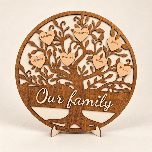 exec-f2c6e20d-091d-4d78-ba97-528d89b16126 Personalised wooden family tree with engraved heart names and Our family lettering